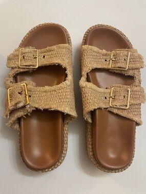 Tan Woven Double-Buckle Slide Sandals
